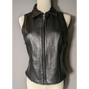 Black Leather M Zip Front Collared Vest Biker Moto Y2K Top